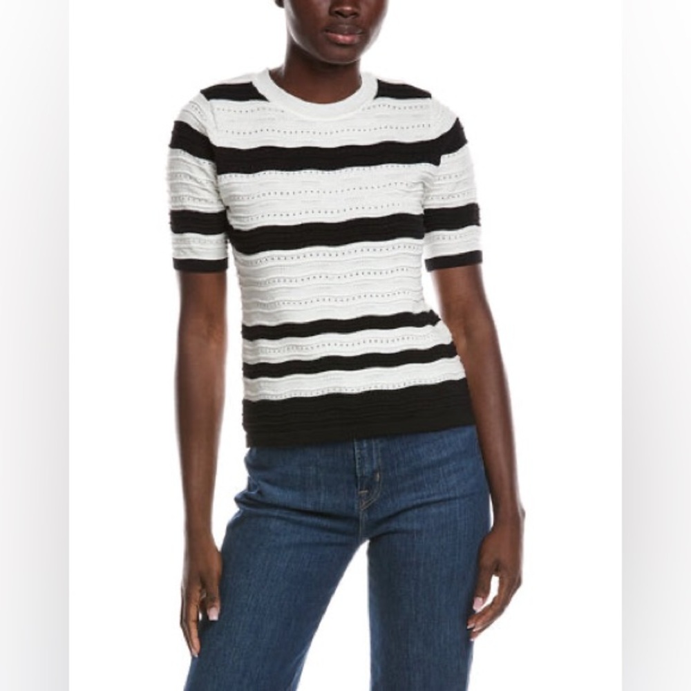 Nanette Lepore NWT $78 Pointelle Sweater Short Sleeve Stripe Women M White Black